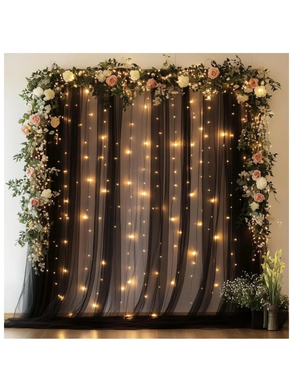 Black Tulle curtain backdrop w/ lights • wedding, celebration, photo booth 10x8’